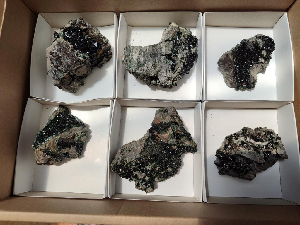 Natural Libethenite Crystals on Dolomite Matrix Specimens x 6 From Shituru, Congo