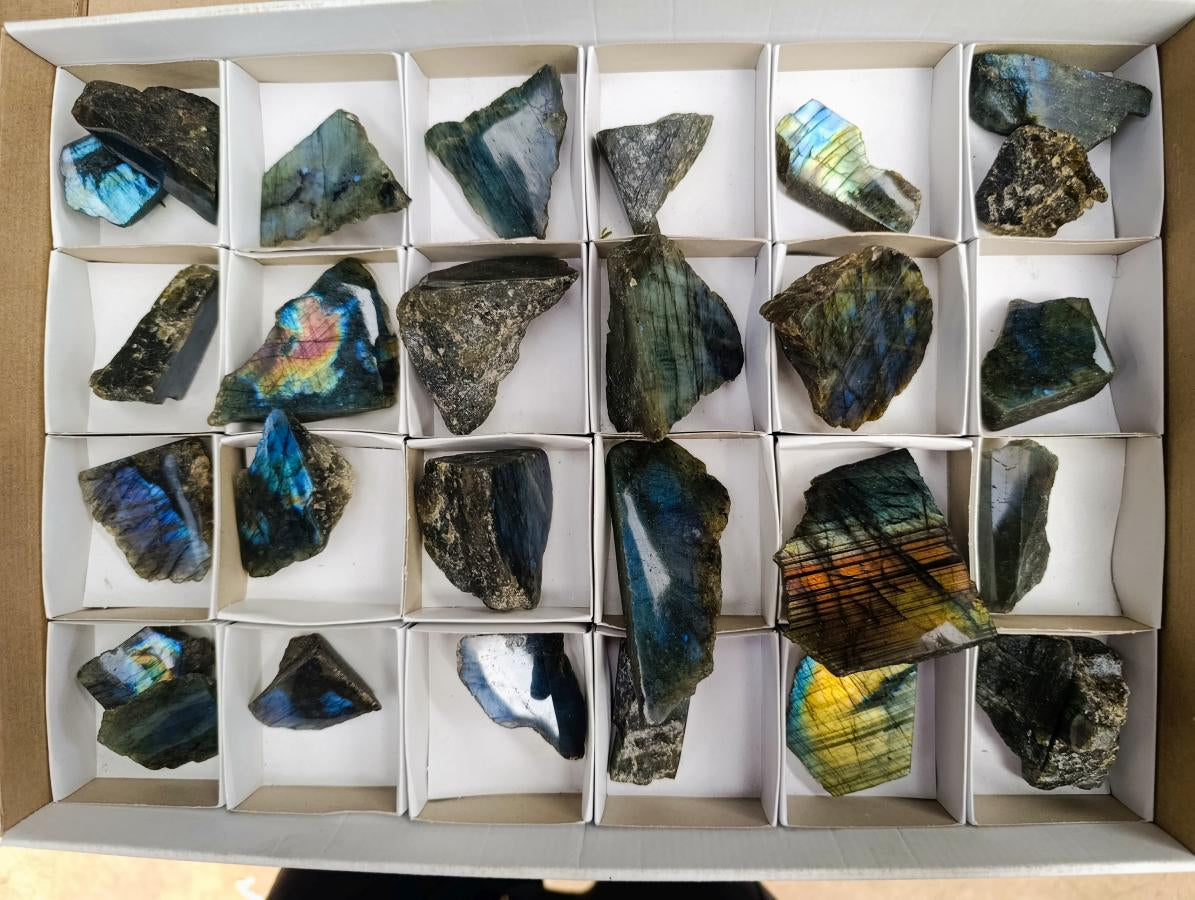 Polished One Side Labradorite Specimens x 28 From Madagascar