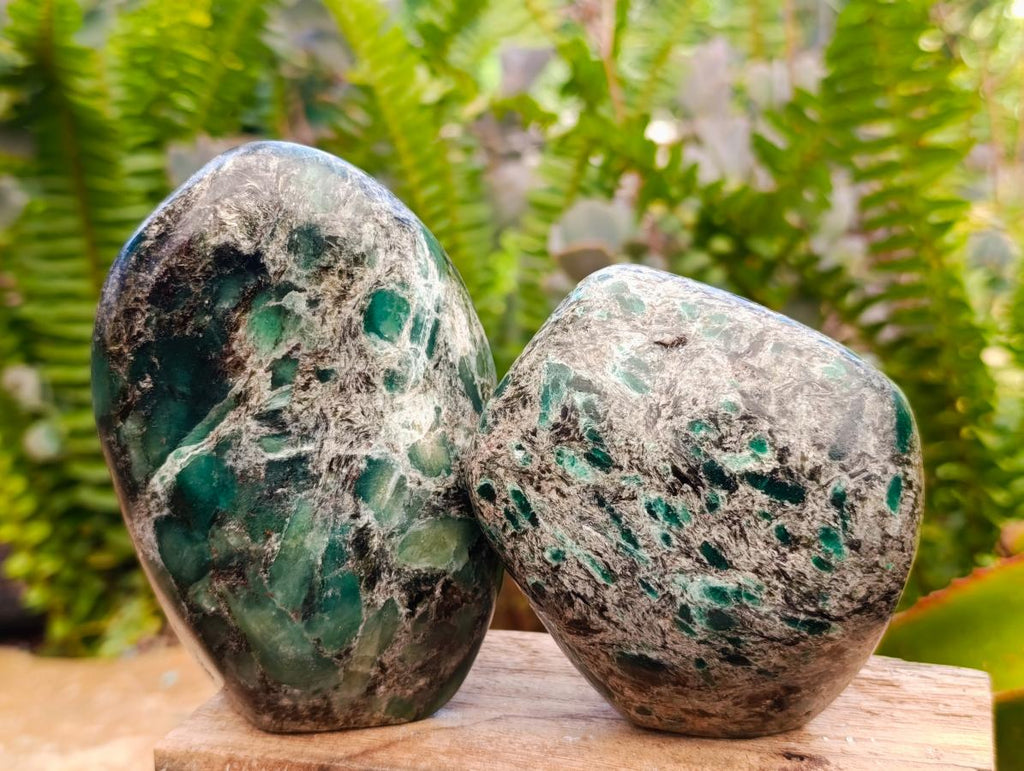 Polished Emerald Mica 'Mutokolite' Standing Free Forms x 2 From Mutoko, Zimbabwe