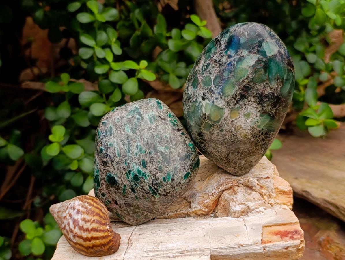 Polished Emerald Mica 'Mutokolite' Standing Free Forms x 2 From Mutoko, Zimbabwe