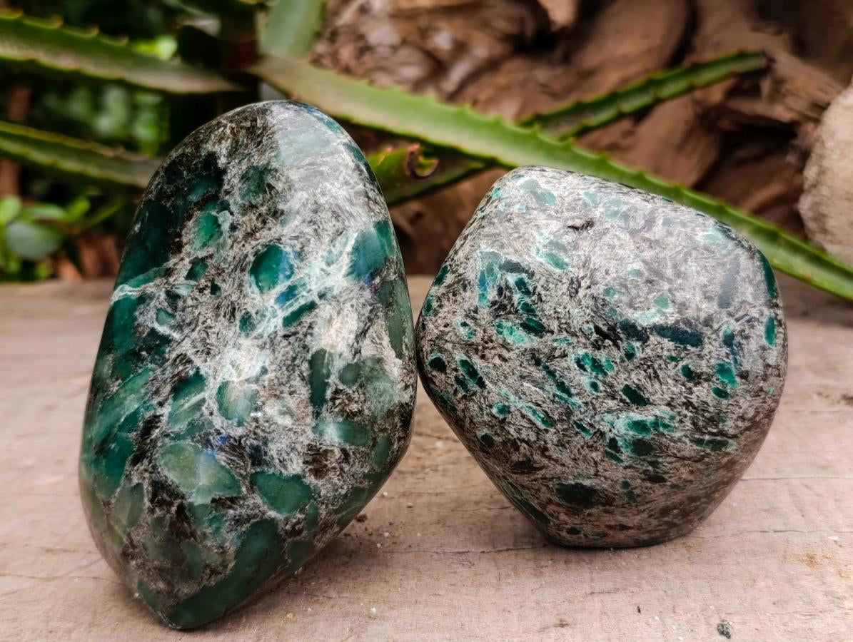 Polished Emerald Mica 'Mutokolite' Standing Free Forms x 2 From Mutoko, Zimbabwe