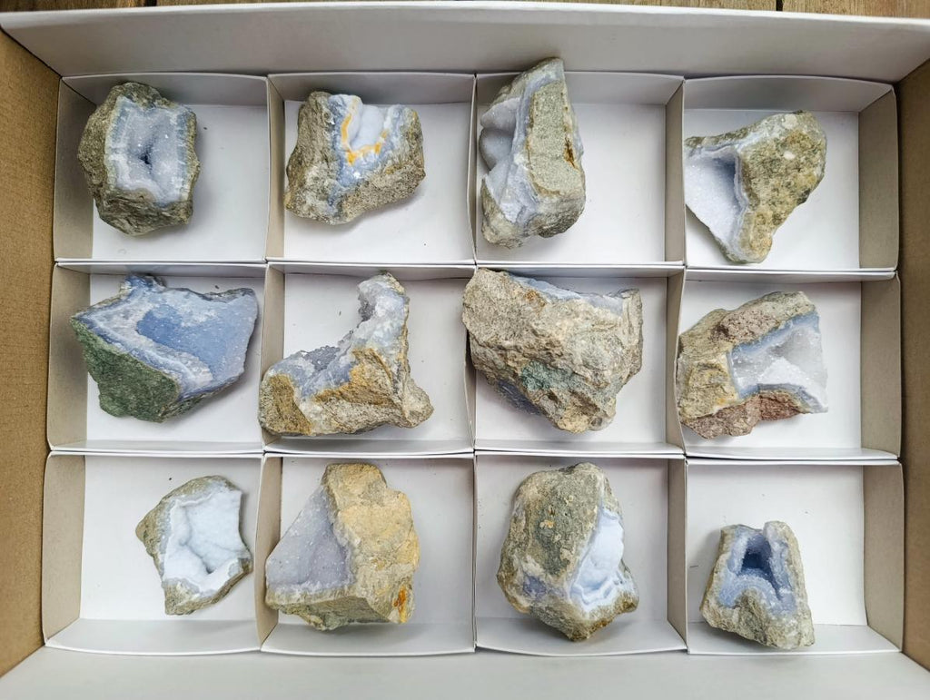 Natural Blue Lace Agate Geode Specimens x 12 From Nsanje, Malawi