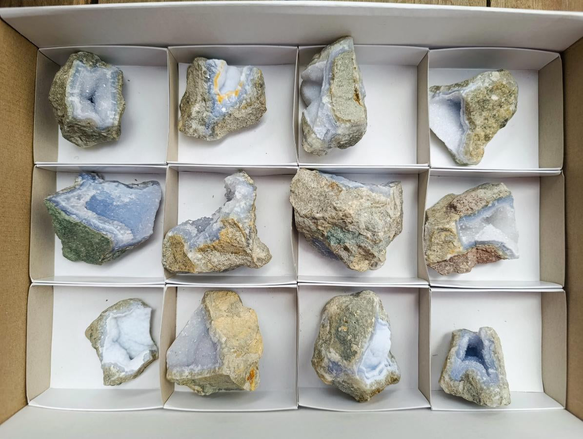 Natural Blue Lace Agate Geode Specimens x 12 From Nsanje, Malawi