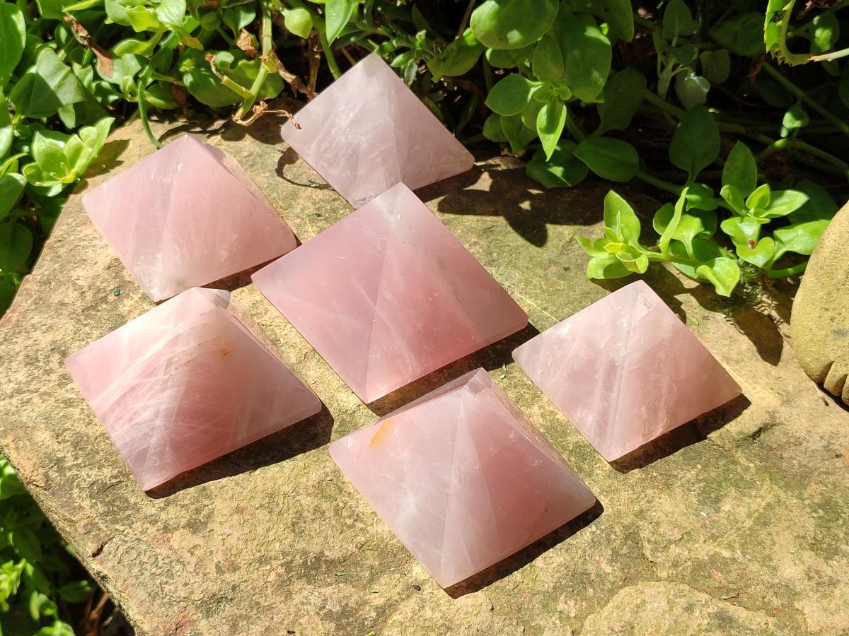 Polished Gemmy Rose Quartz Pyramids x 6 From Madagascar