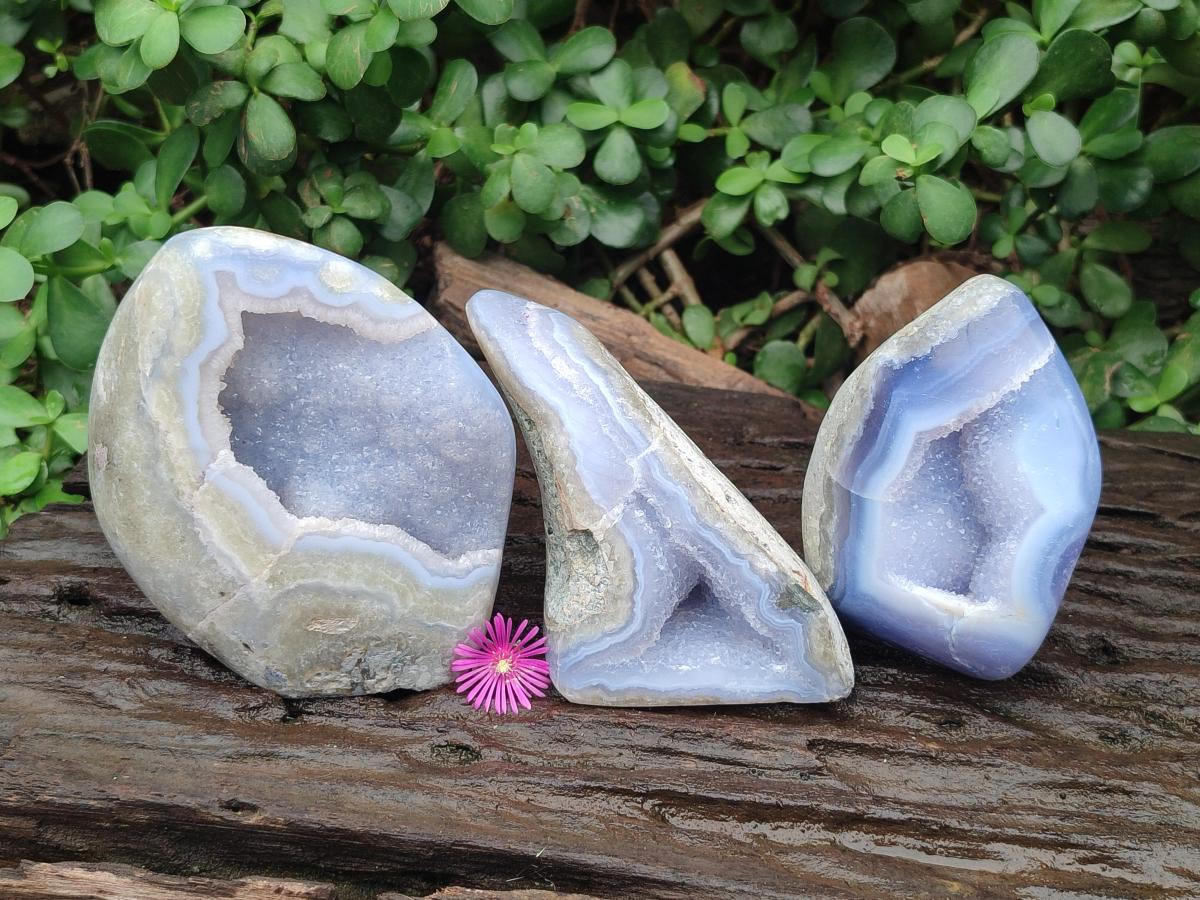 Polished Blue Lace Agate Standing Free Forms x 3 From Nsanje, Malawi - Toprock Gemstones and Minerals 