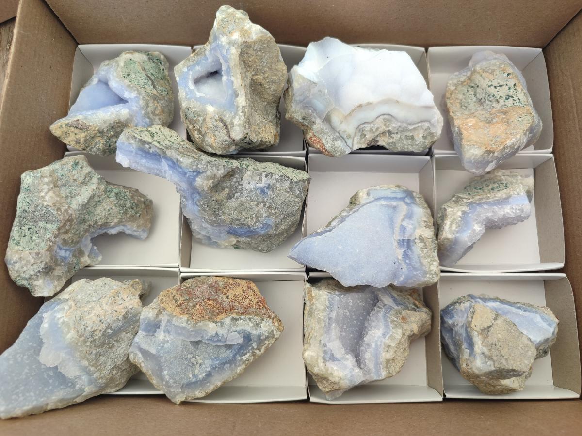 Natural Blue Lace Agate Geode and Cluster Specimens x 12 From Nsanje, Malawi - Toprock Gemstones and Minerals 
