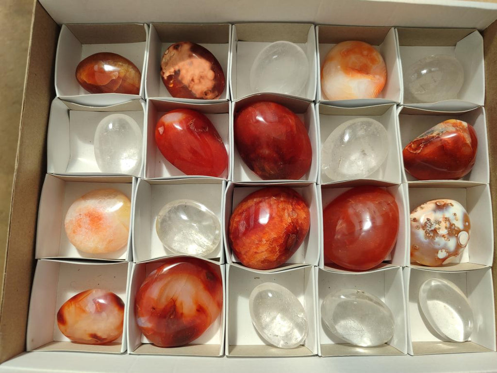 Polished Mix of Carnelian and Clear Quarts Palm Stones x 20 From Madagascar - Toprock Gemstones and Minerals 