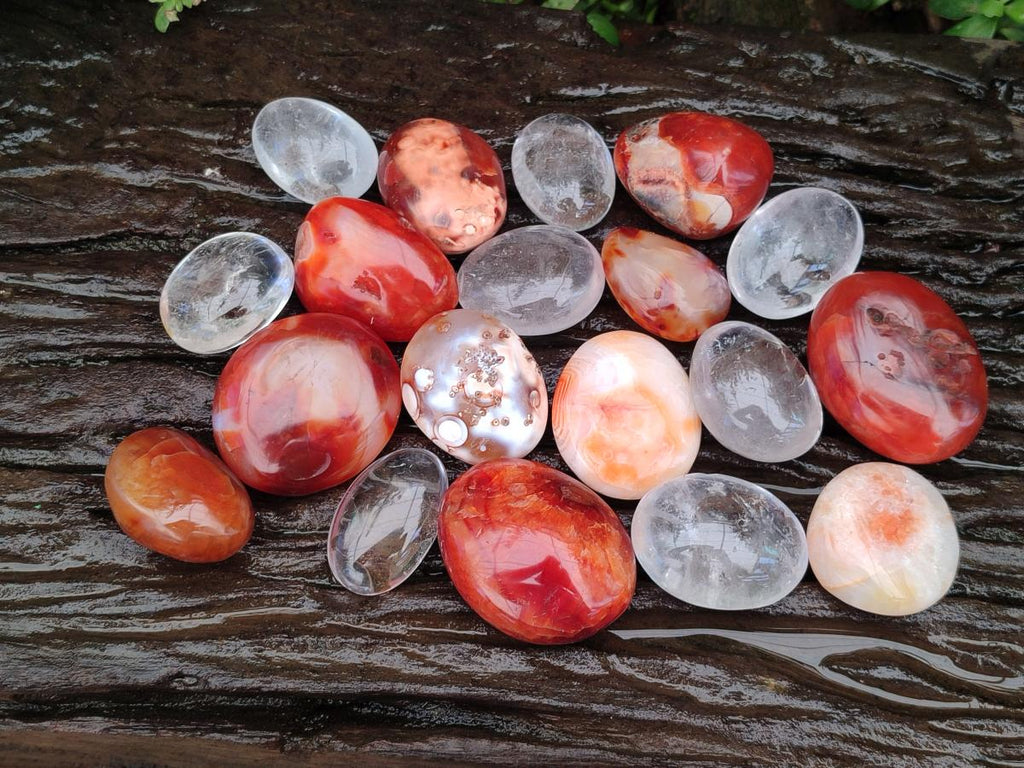 Polished Mix of Carnelian and Clear Quarts Palm Stones x 20 From Madagascar - Toprock Gemstones and Minerals 