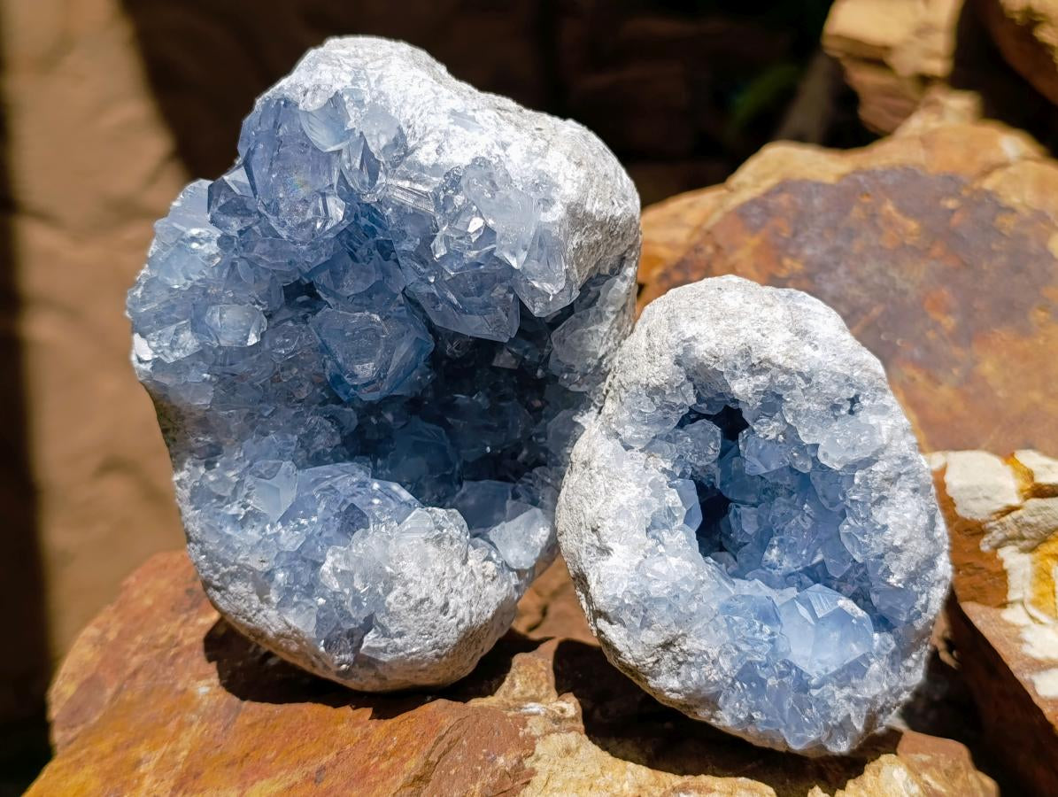 Natural Blue Celestite Geode and Cluster Specimens x 2 From Sakoany, Madagascar - Toprock Gemstones and Minerals 