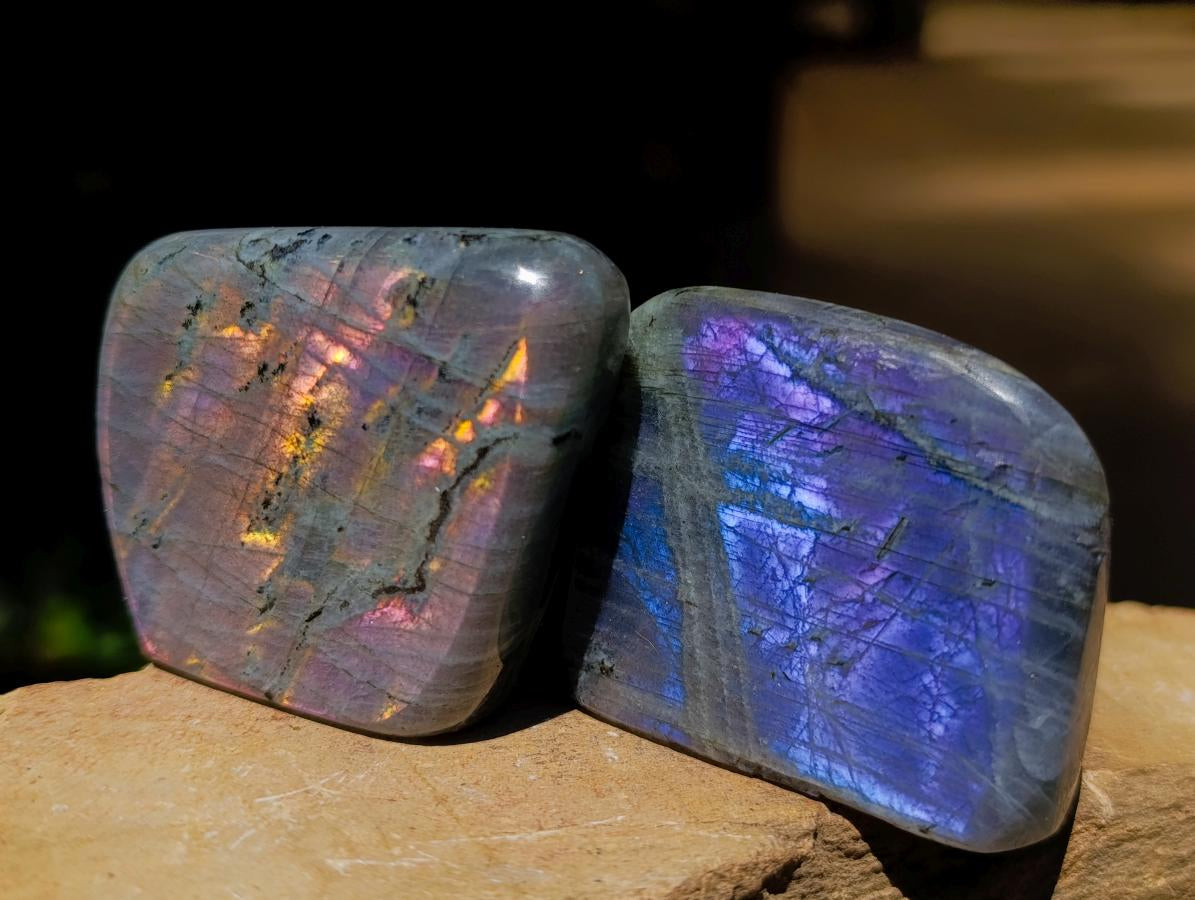 Polished Small Rare Purple Sunset Flash Labradorite Standing Free Forms x 24 From Madagascar - Toprock Gemstones and Minerals 
