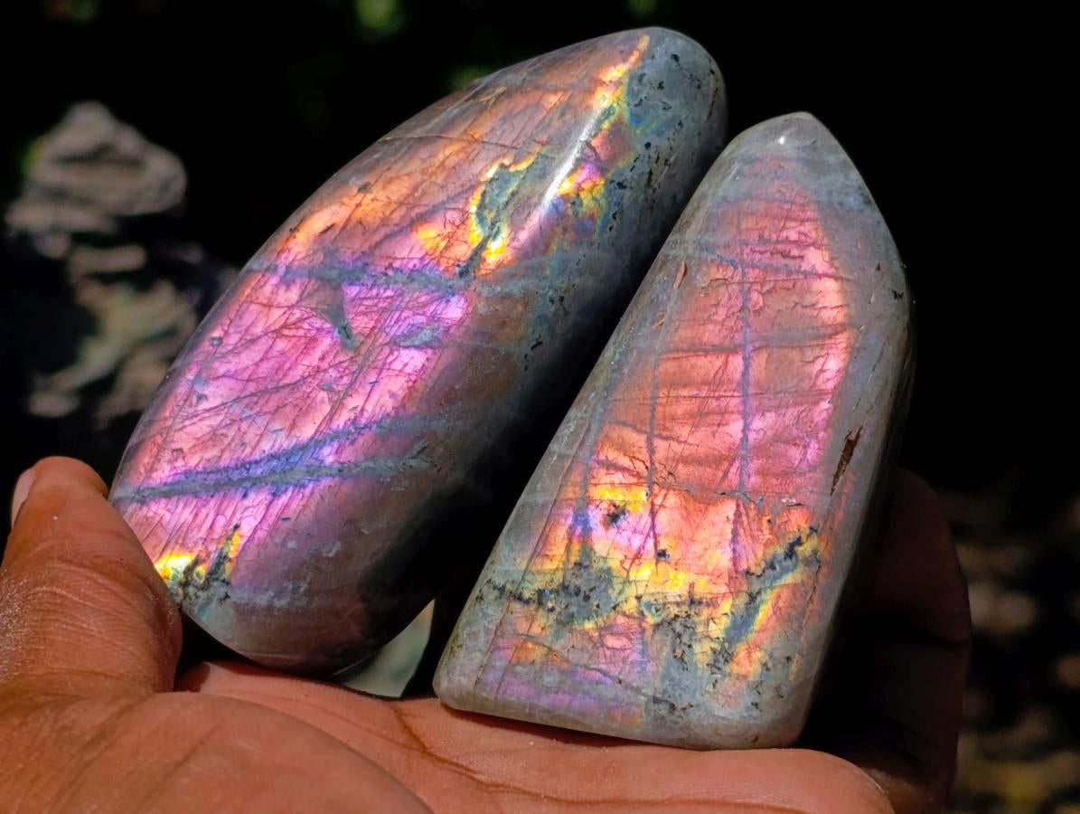 Polished Small Rare Purple Sunset Flash Labradorite Standing Free Forms x 24 From Madagascar - Toprock Gemstones and Minerals 
