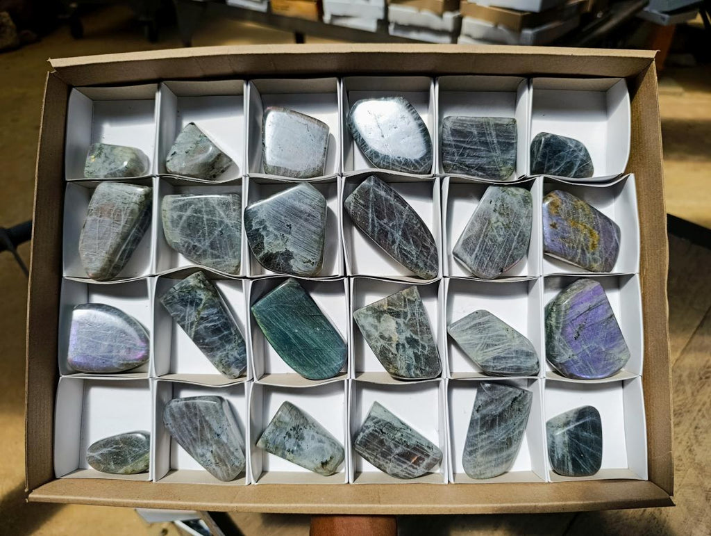 Polished Small Rare Purple Sunset Flash Labradorite Standing Free Forms x 24 From Madagascar - Toprock Gemstones and Minerals 