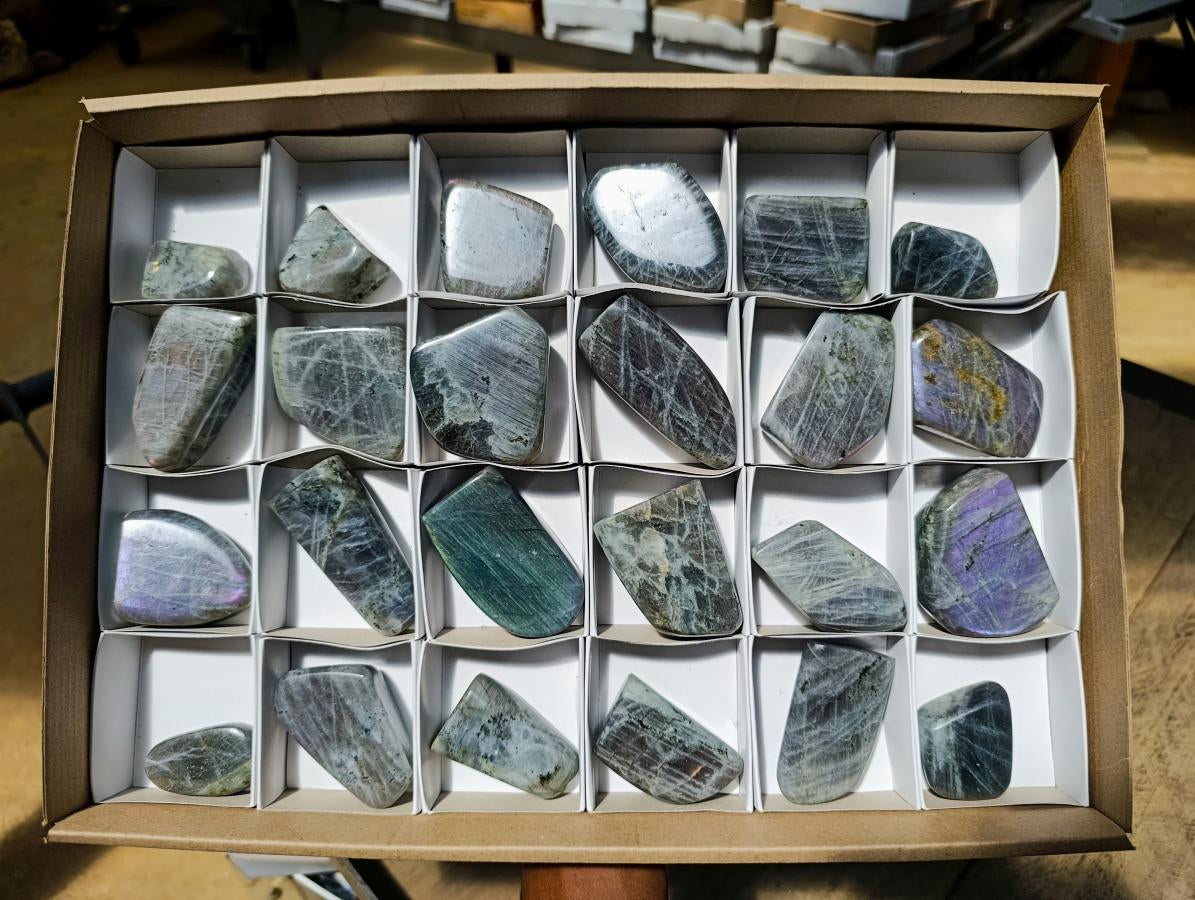 Polished Small Rare Purple Sunset Flash Labradorite Standing Free Forms x 24 From Madagascar - Toprock Gemstones and Minerals 