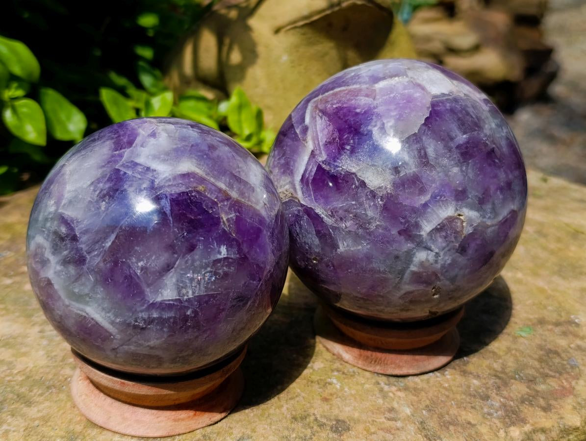 Polished Large Chevron Amethyst Spheres x 2 From Madagascar - Toprock Gemstones and Minerals 
