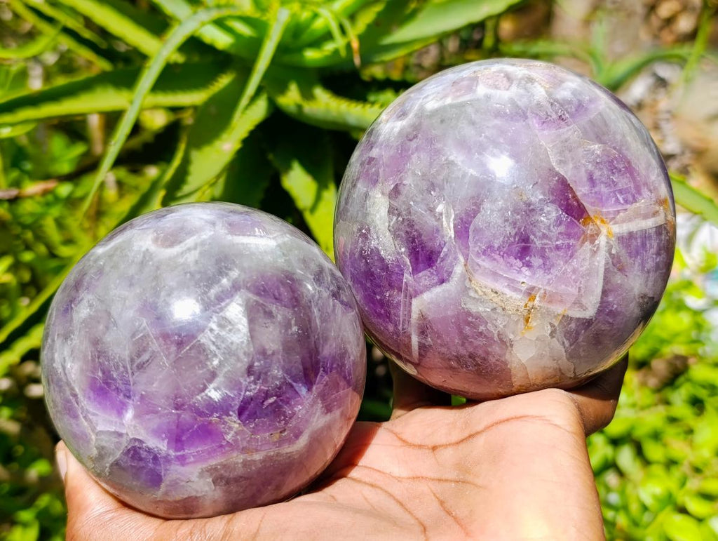 Polished Large Chevron Amethyst Spheres x 2 From Madagascar - Toprock Gemstones and Minerals 
