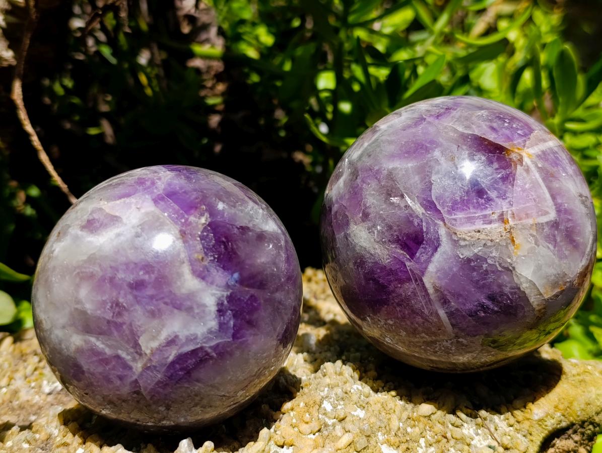 Polished Large Chevron Amethyst Spheres x 2 From Madagascar - Toprock Gemstones and Minerals 
