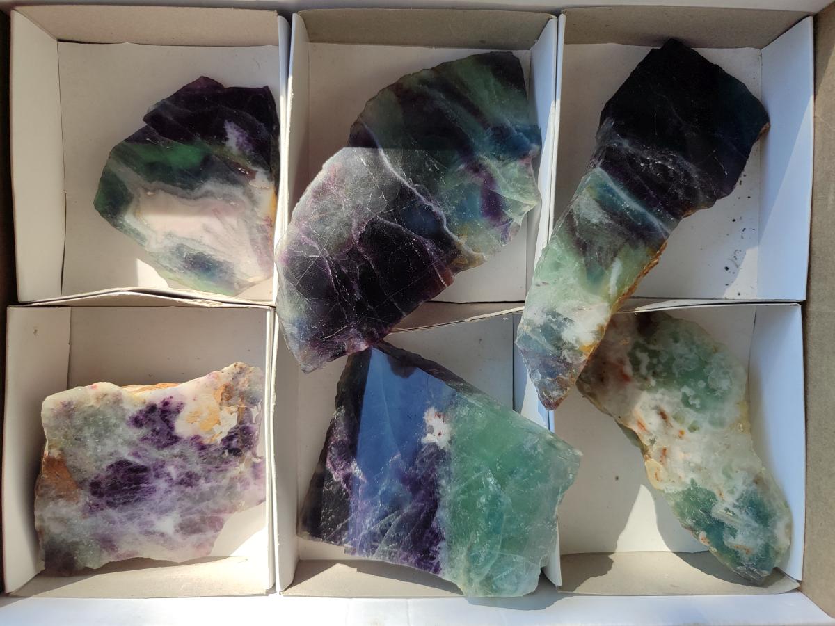 Polished Watermelon Fluorite Slices x 6 From Uis, Namibia - Toprock Gemstones and Minerals 