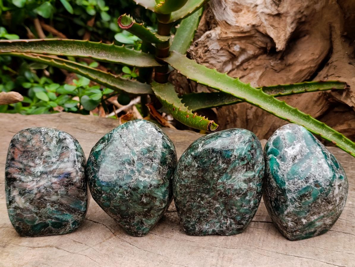 Polished Emerald Mica 'Mutokolite' Standing Free Forms x 4 From Mutoko, Zimbabwe