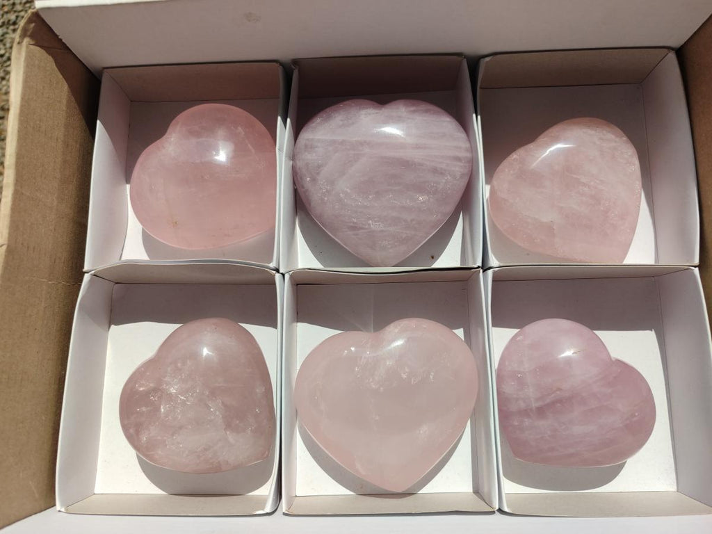 Polished Gemmy Rose Quartz Hearts x 6 From Madagascar - Toprock Gemstones and Minerals 