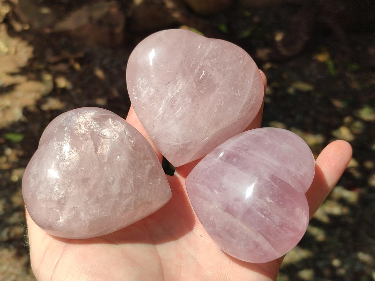 Polished Gemmy Rose Quartz Hearts x 6 From Madagascar - Toprock Gemstones and Minerals 