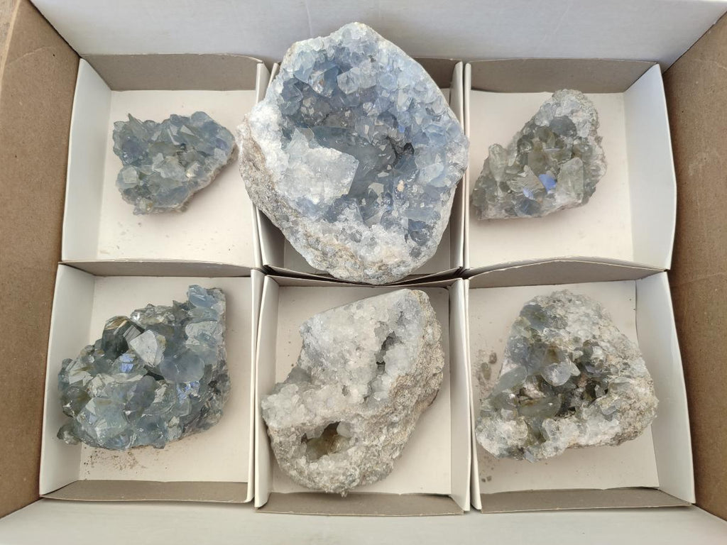 Natural Blue Celestite Cluster Specimens x 6 From Sakoany, Madagascar