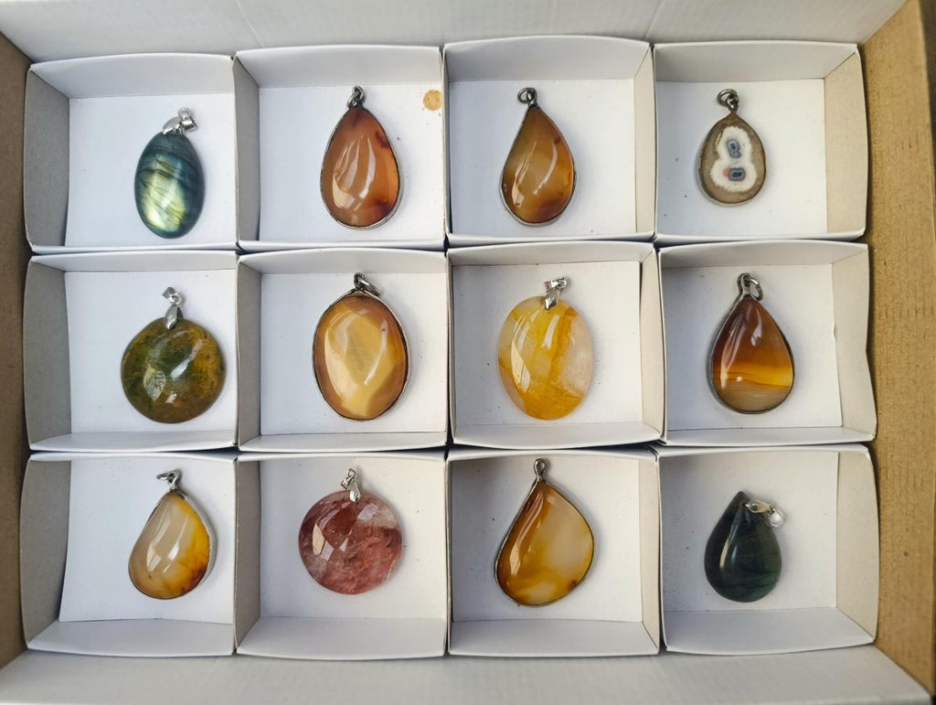 Hand Made Mixed Box of Various Gemstone Pendants Set in Stainless Steel x 12 From Southern Africa