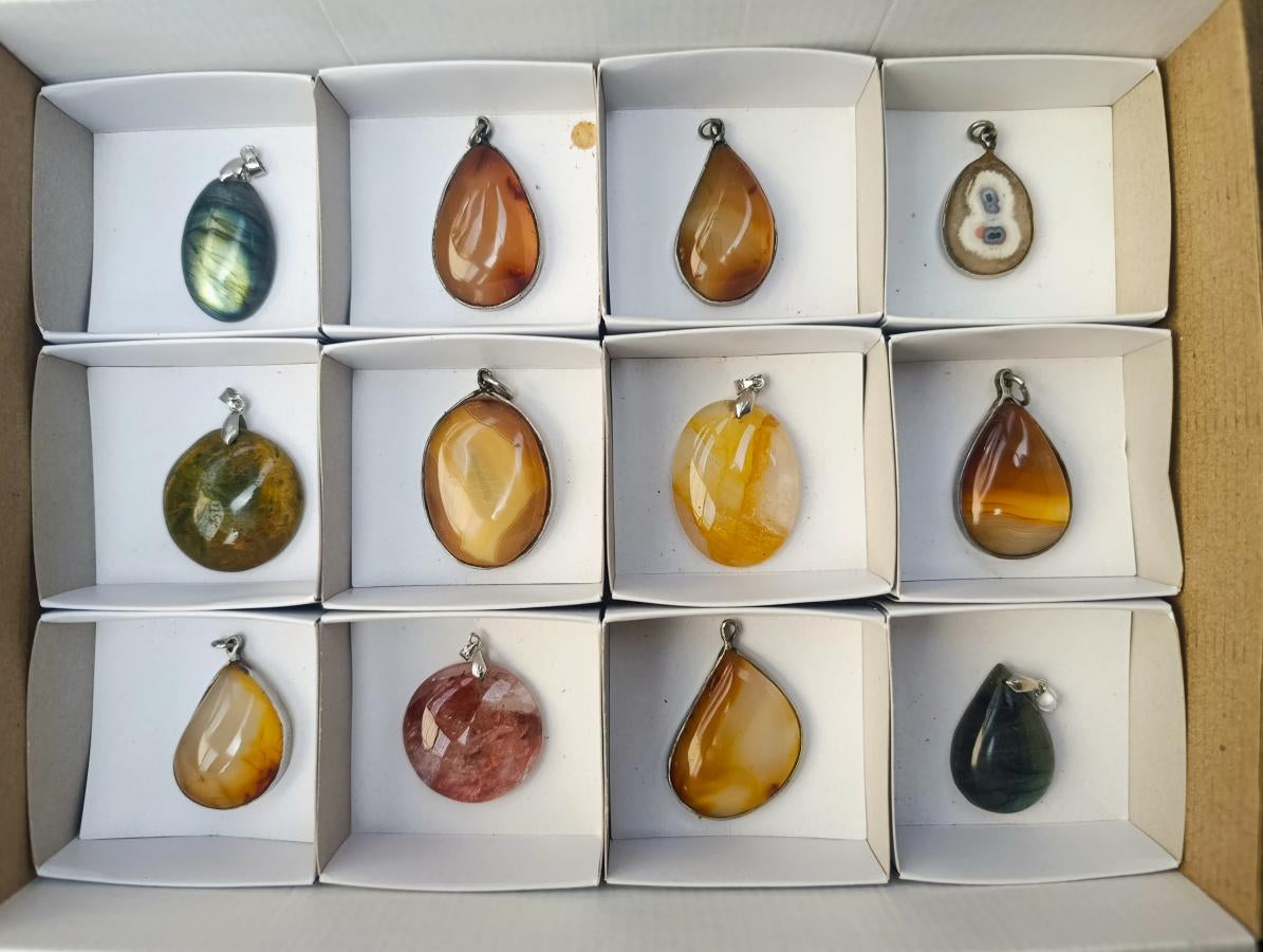 Hand Made Mixed Box of Various Gemstone Pendants Set in Stainless Steel x 12 From Southern Africa