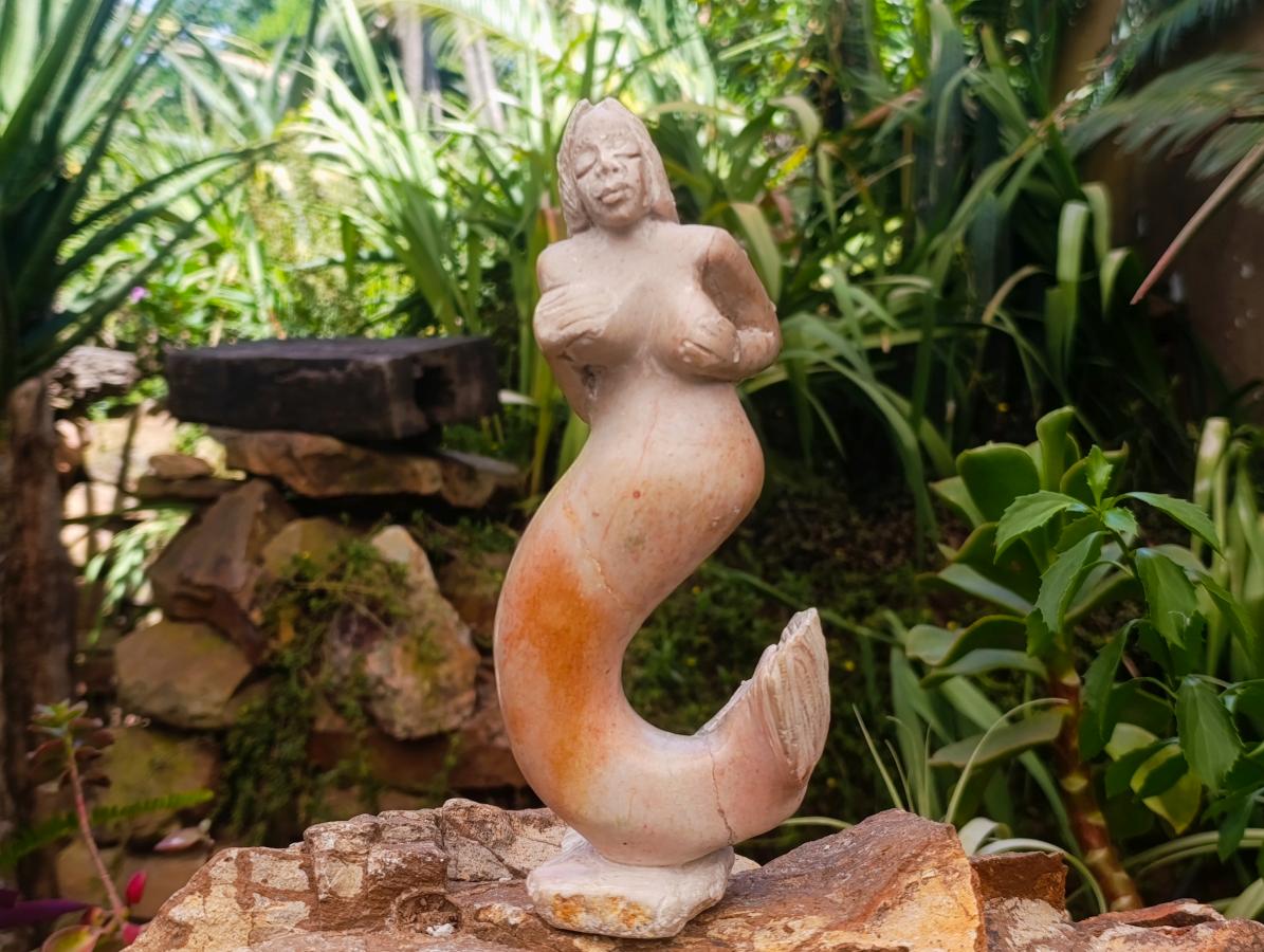 Hand Made Large White Soapstone Mermaid Carving x 1 From Zimbabwe - Toprock Gemstones and Minerals 