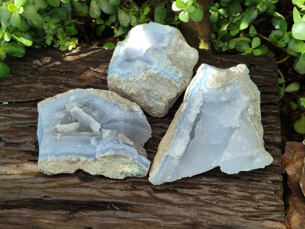 Natural Blue Lace Agate Geode Cluster Specimens x 3 From Nsanje, Malawi - Toprock Gemstones and Minerals 