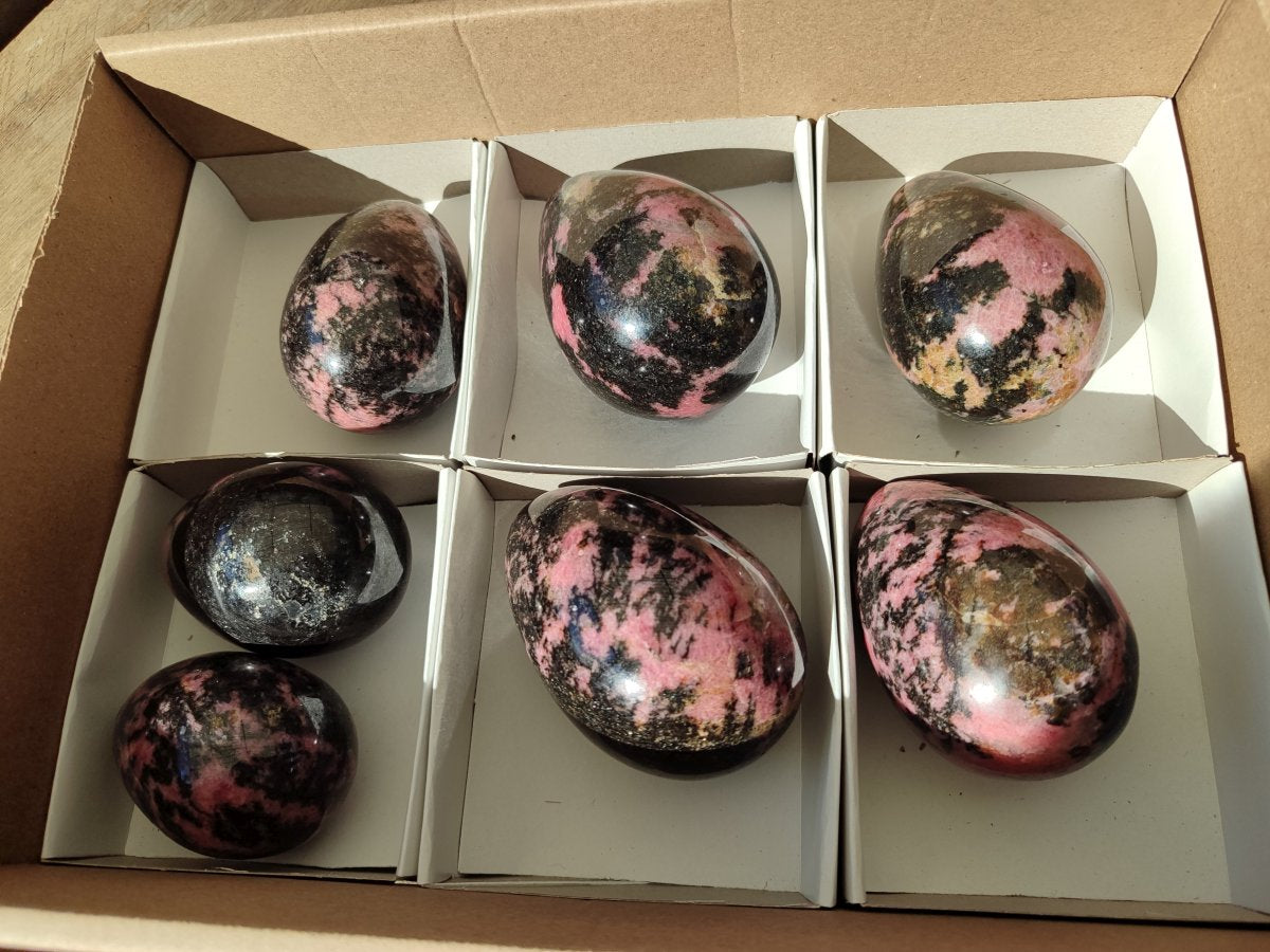 Polished Rhodonite Gemstone Eggs x 7 From Ambindavato, Madagascar - Toprock Gemstones and Minerals 