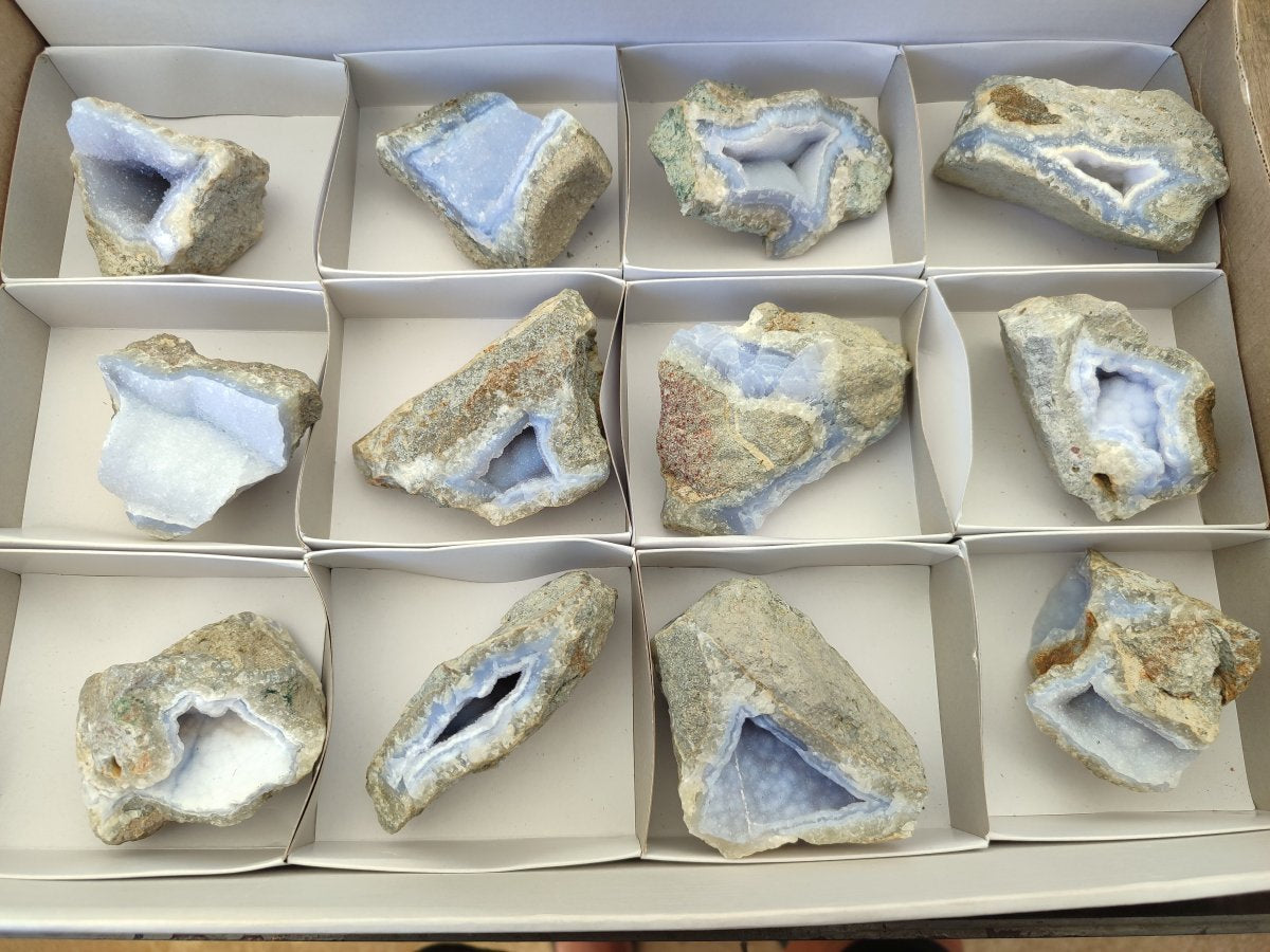 Natural Blue Lace Agate Geode Specimens x 12 From Nsanje, Malawi - Toprock Gemstones and Minerals 