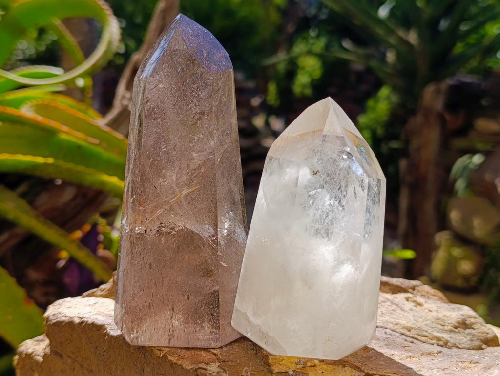 Mixed Polished Smokey And Clear Quartz Crystals x 4 From Madagascar
