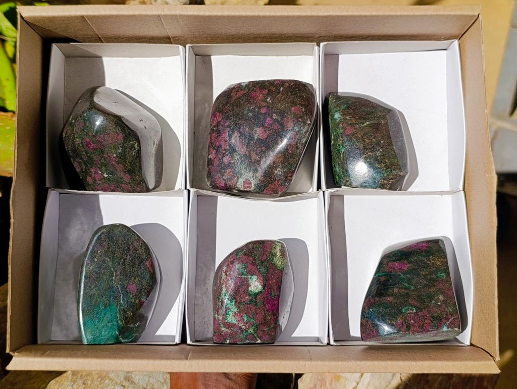Polished Ruby Corundum In Chrome Verdite Standing Free Forms x 6 From Mutoko, Zimbabwe