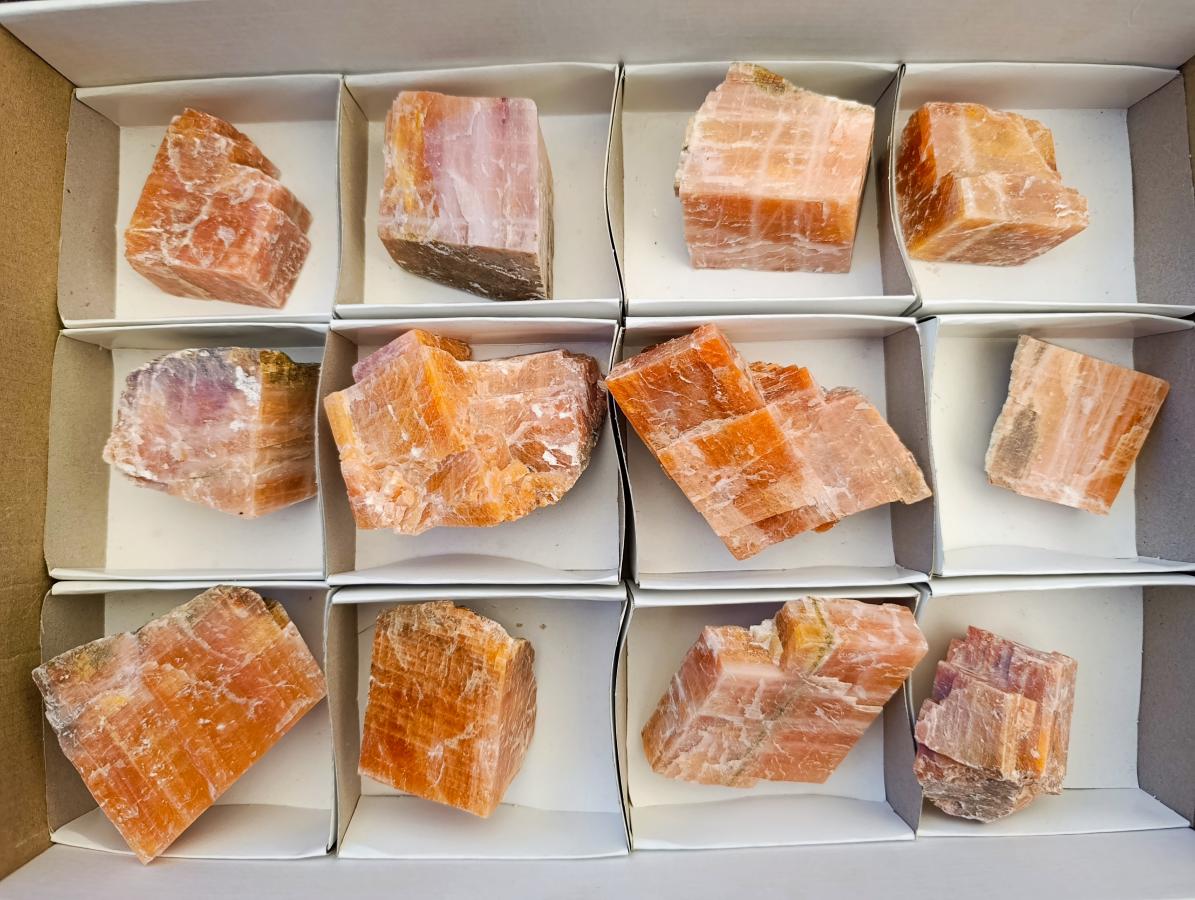 Natural Rhombohedral Sunset Orange Calcite Specimens x 12 From Spitzkop, Namibia - Toprock Gemstones and Minerals 