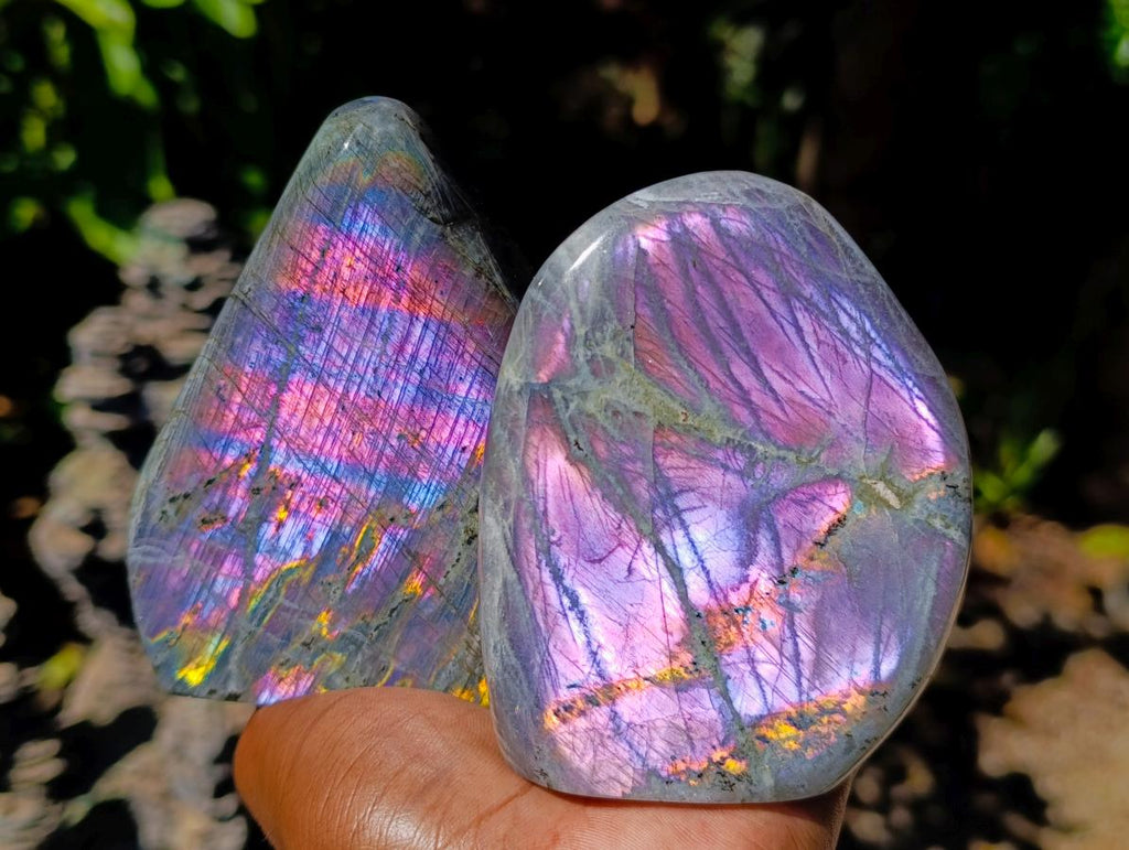 Polished Rare Purple Sunset Flash Labradorite Standing Free Forms x 3 From Madagascar - Toprock Gemstones and Minerals 