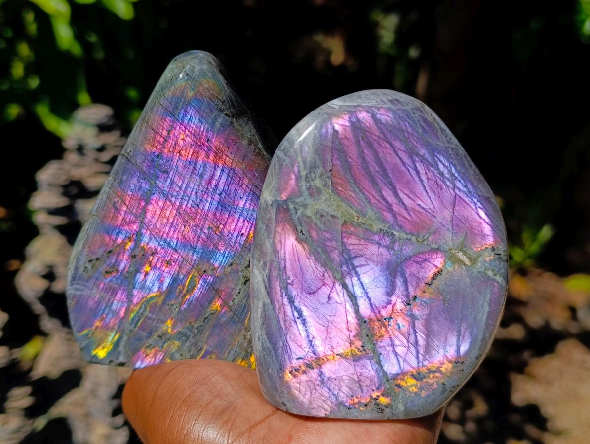 Polished Rare Purple Sunset Flash Labradorite Standing Free Forms x 3 From Madagascar - Toprock Gemstones and Minerals 