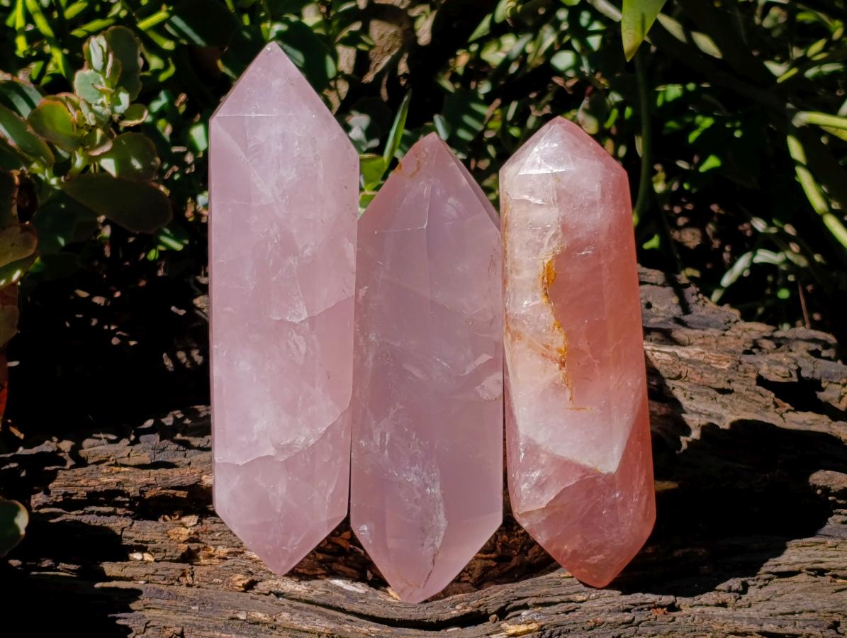 Polished Double Terminated Gemmy Rose Quartz Crystals x 3 From Madagascar - Toprock Gemstones and Minerals 