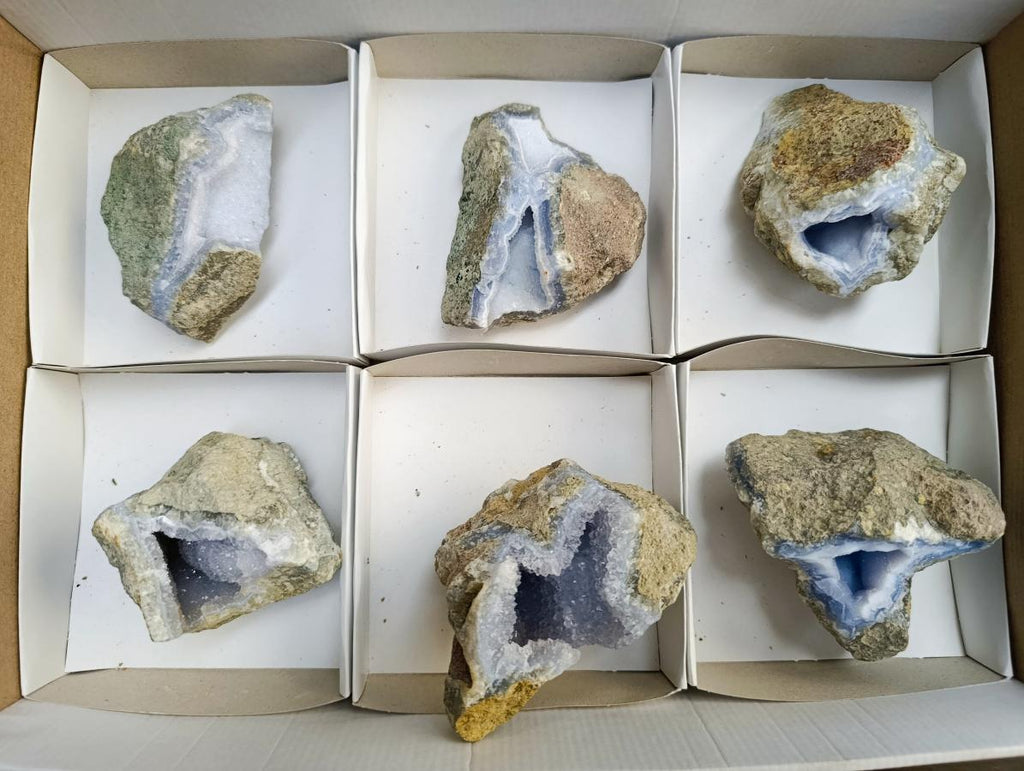 Natural Blue Lace Agate Geode Specimens x 6 From Nsanje, Malawi - Toprock Gemstones and Minerals 