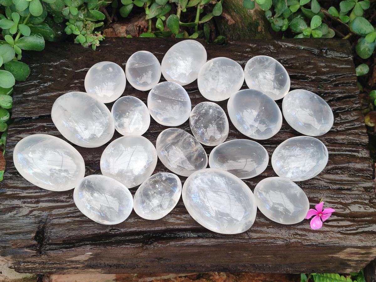 Polished Girasol Pearl Quartz Palm Stones x 24 From Ambatondrazaka, Madagascar - Toprock Gemstones and Minerals 