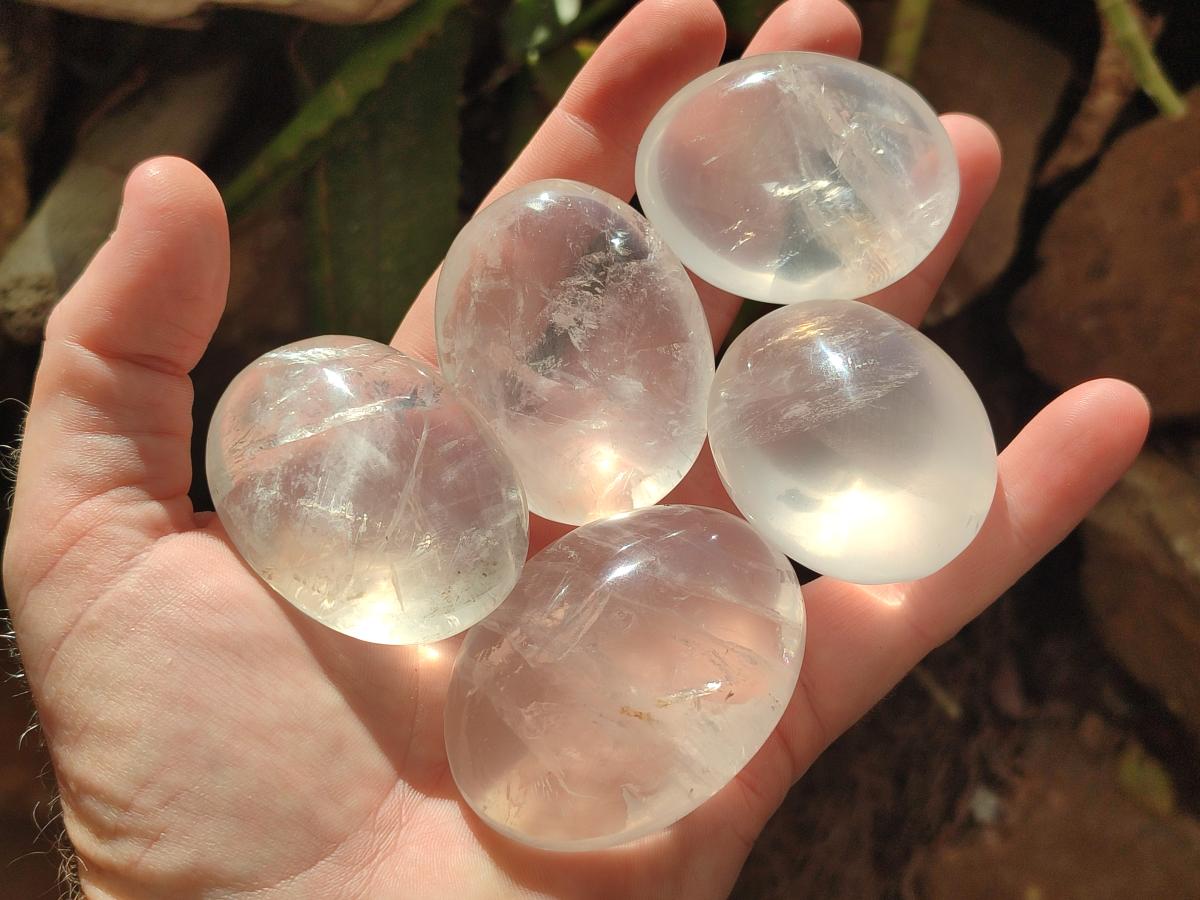 Polished Girasol Pearl Quartz Palm Stones x 24 From Ambatondrazaka, Madagascar - Toprock Gemstones and Minerals 