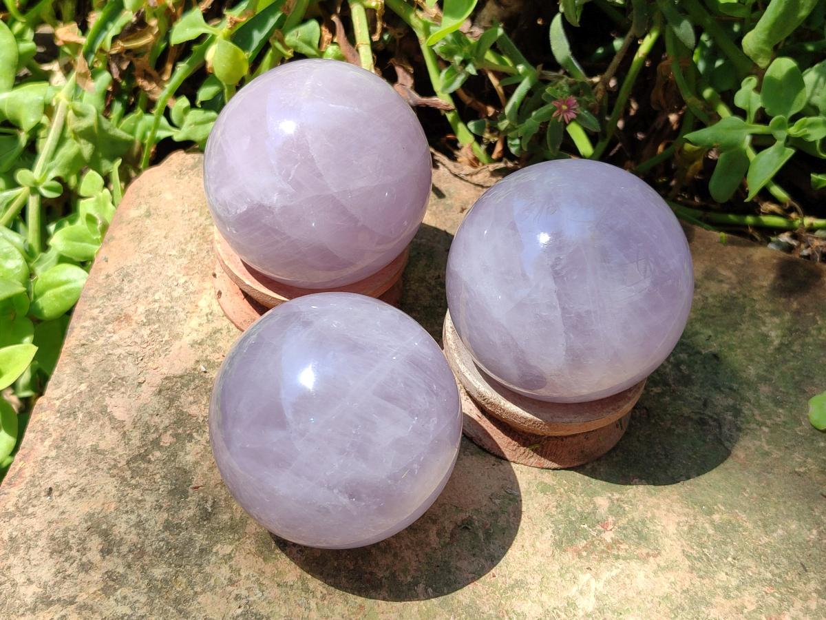 Polished Gemmy Blue Star Rose Girasol Quartz Spheres x 3 From Madagascar - Toprock Gemstones and Minerals 