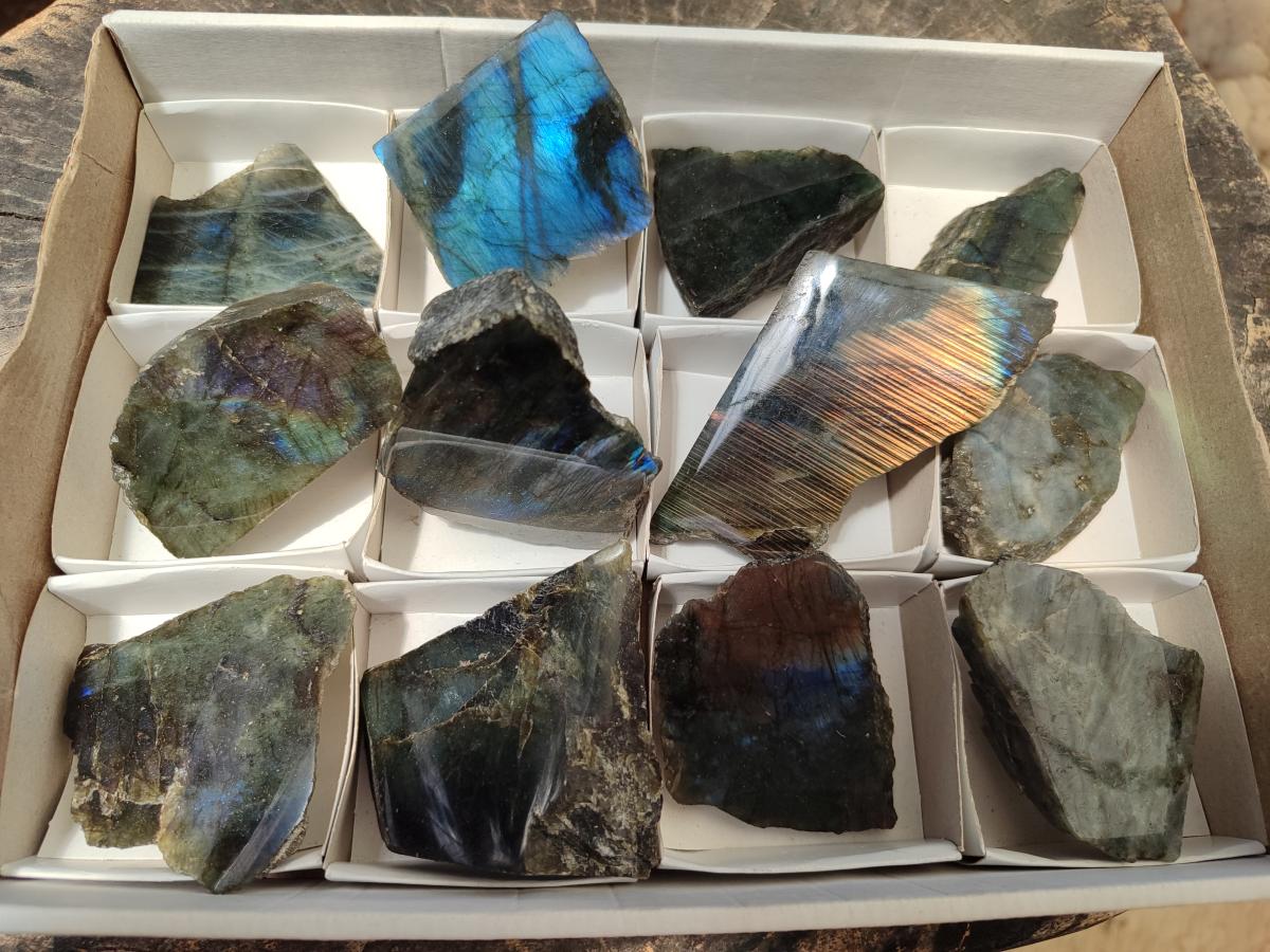 Polished One Side Labradorite Specimens x 12 From Madagascar - Toprock Gemstones and Minerals 
