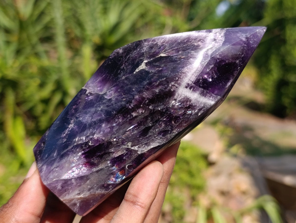 Polished Dark Purple Chevron Amethyst Crystals x 3 From Zambia - Toprock Gemstones and Minerals 
