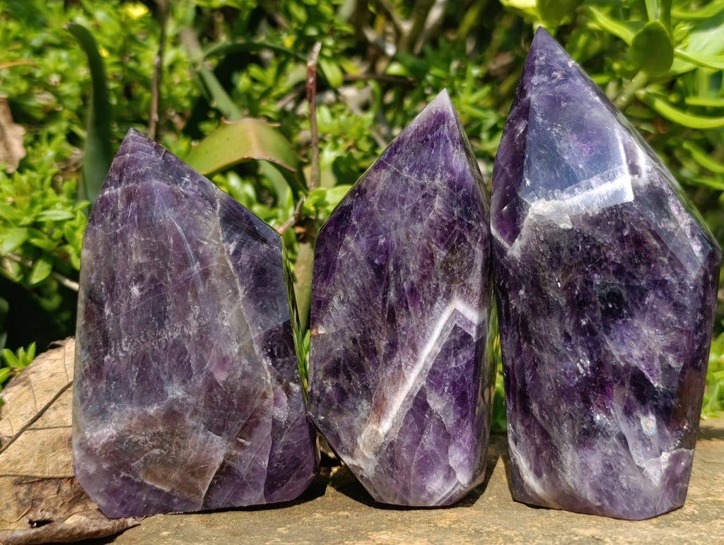Polished Dark Purple Chevron Amethyst Crystals x 3 From Zambia - Toprock Gemstones and Minerals 