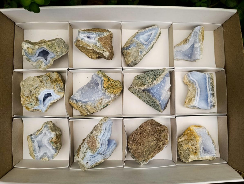 Natural Blue Lace Agate Geode and Cluster Specimens x 12 From Nsanje, Malawi - Toprock Gemstones and Minerals 