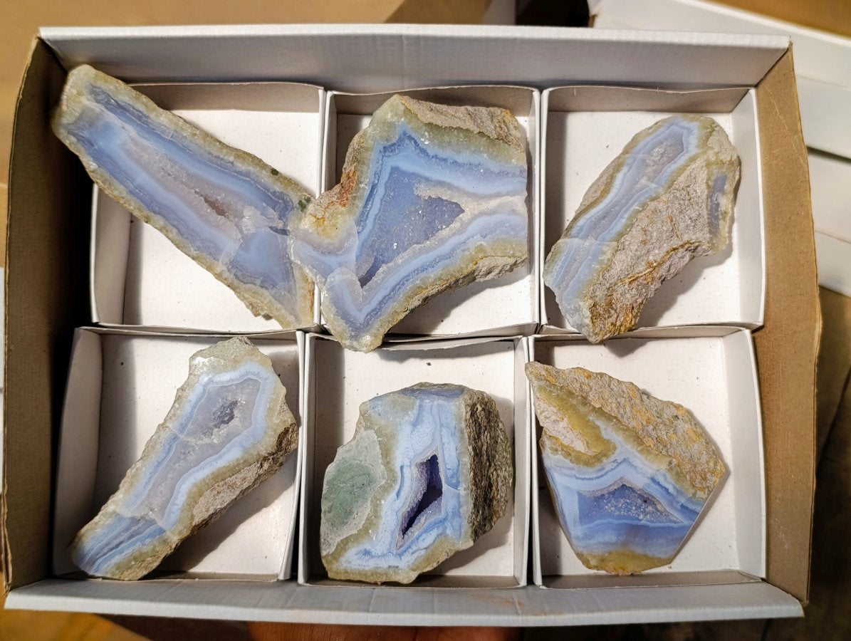 Polished One Side Blue Lace Agate Specimens x 6 From Nsanje, Malawi - Toprock Gemstones and Minerals 