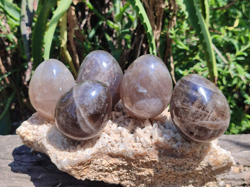 Polished Smokey Window Quartz Eggs x 6 From Madagascar - Toprock Gemstones and Minerals 