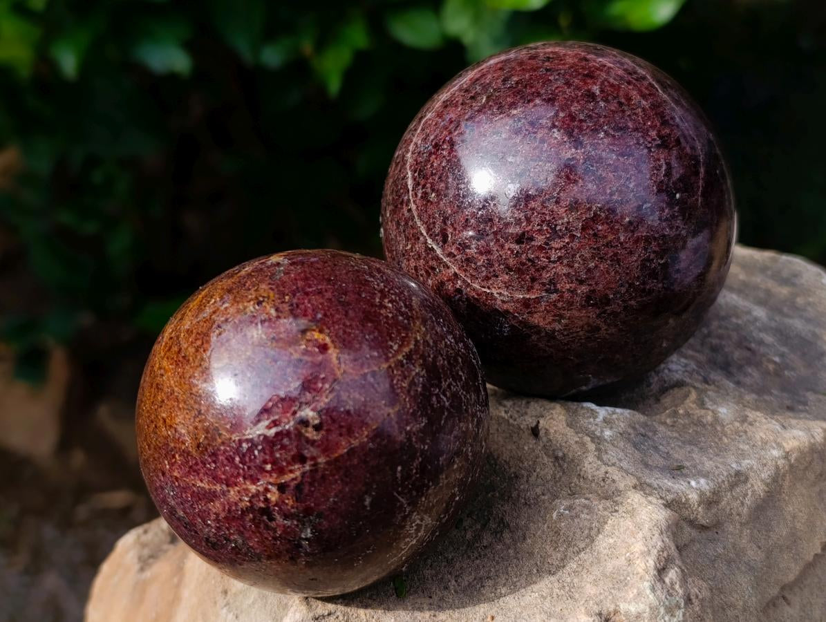 Polished Garnet Spheres x 2 From Mahajanga, Madagascar - Toprock Gemstones and Minerals 