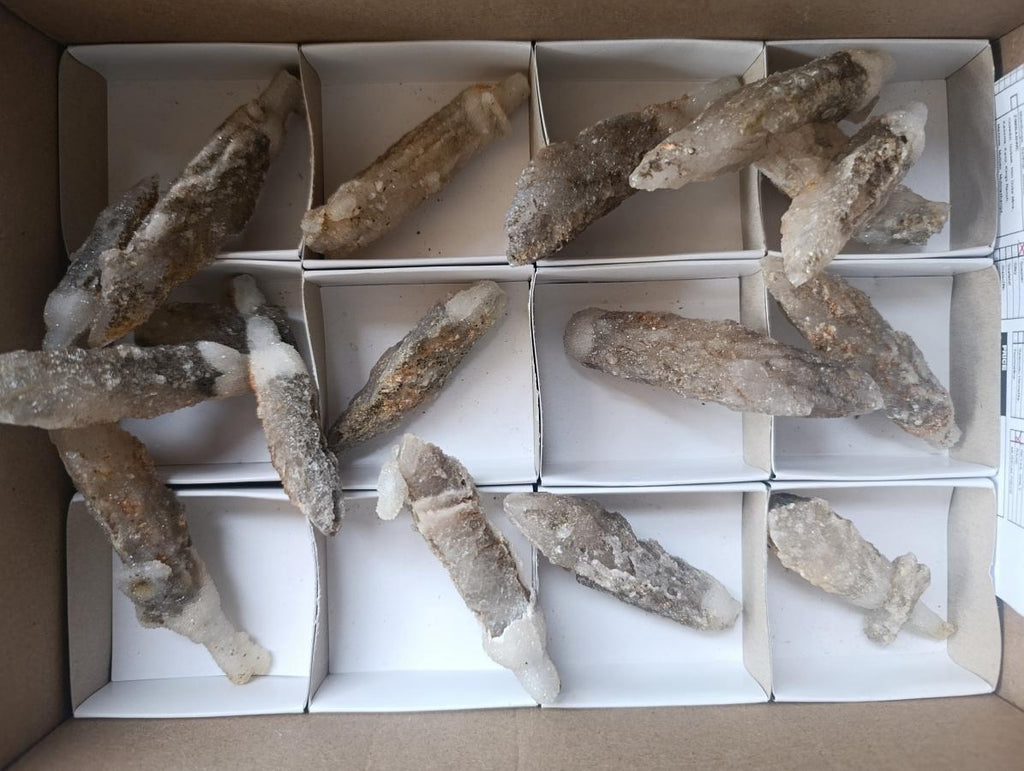 Natural Drusy Quartz Coated Spearhead Calcite Crystals x 12 From Albert's Mountain, Lesotho - Toprock Gemstones and Minerals 