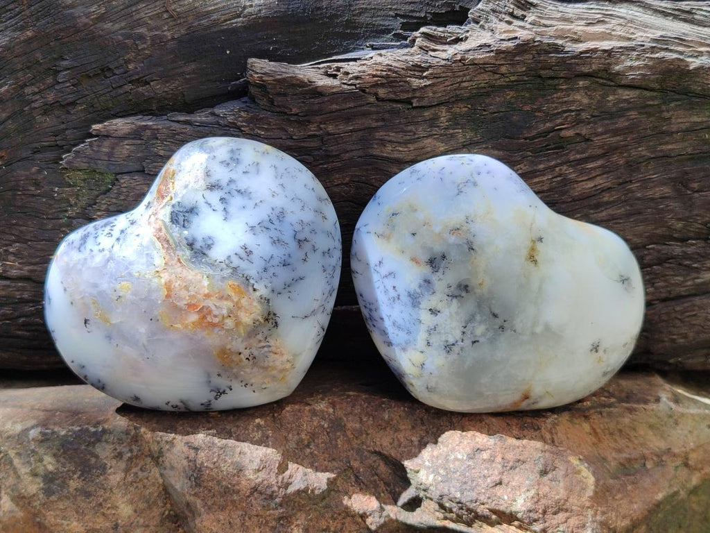Polished White Dendritic Opal Hearts x 12 From Moralambo, Madagascar - Toprock Gemstones and Minerals 